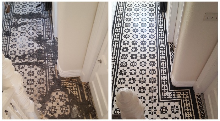 Victoria Tile Floor in Cheshire hidden under Carpet for Years, restored to its former glory by the South Wales Tile Doctor