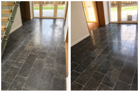 Black Limestone floor in Godalming cleaned and sealed