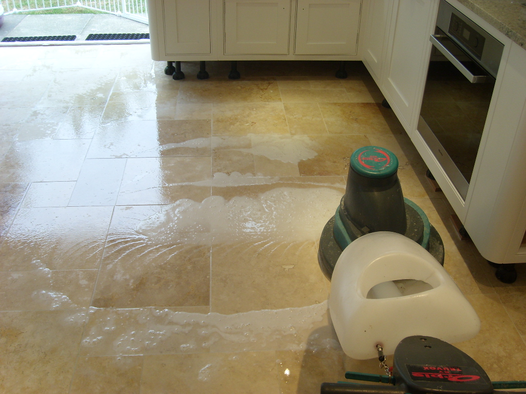 Cleaning Travertine Floor Tiles in Havant - photo courtesy of the Hampshire Tile Doctor