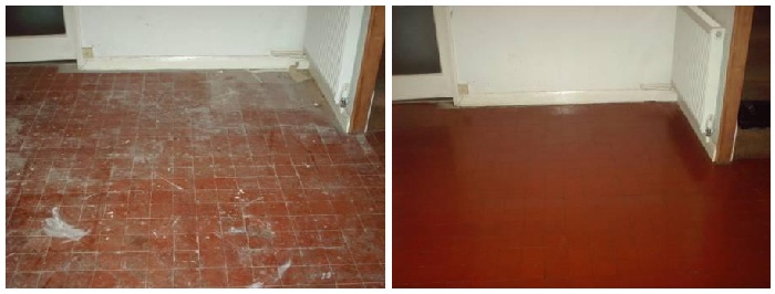 A Quarry Tile Floor splattered with paint and cement restored by Tile Doctor