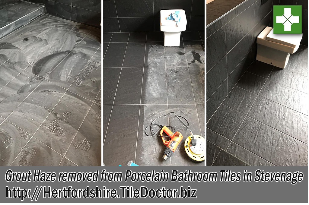 Grout Haze Removed from Black Porcelain Tiled Bathroom in Stevenage