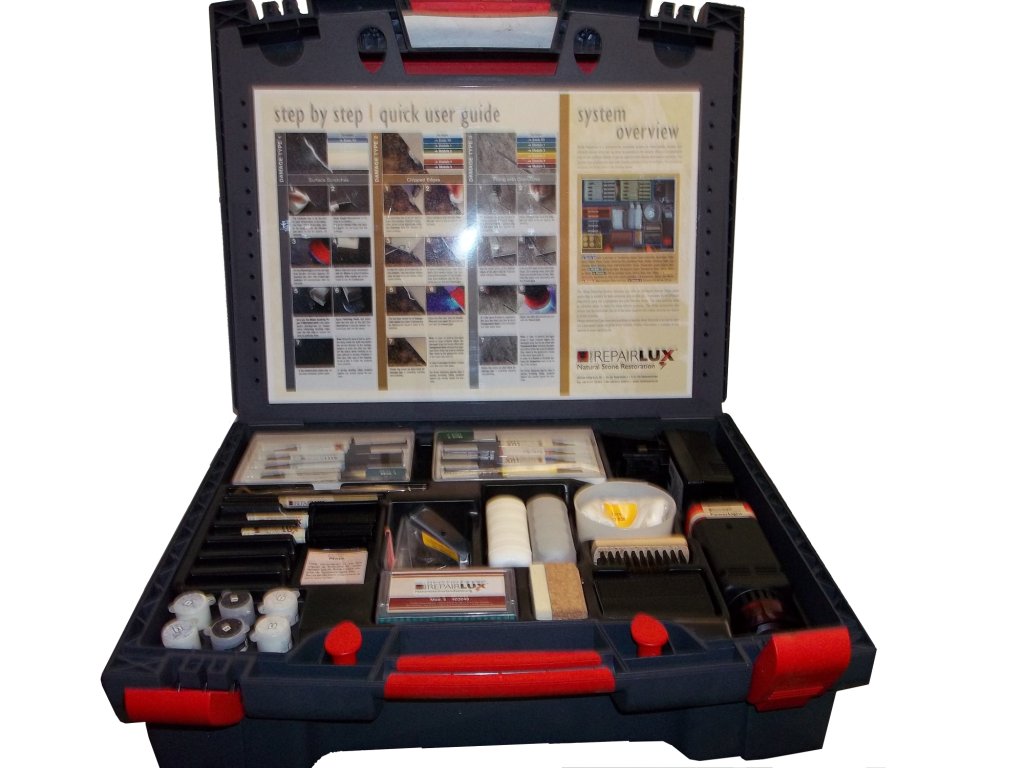 Stone repair kit comes complete with a Training DVD and Ultraviolet Light and all the tools you need to repair Hard stone  worktops  chips and scratches.