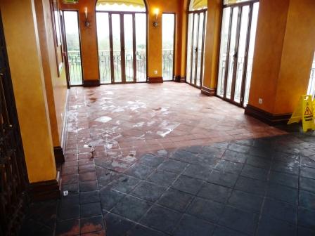 Terracotta Restaurant floor halfway through cleaning